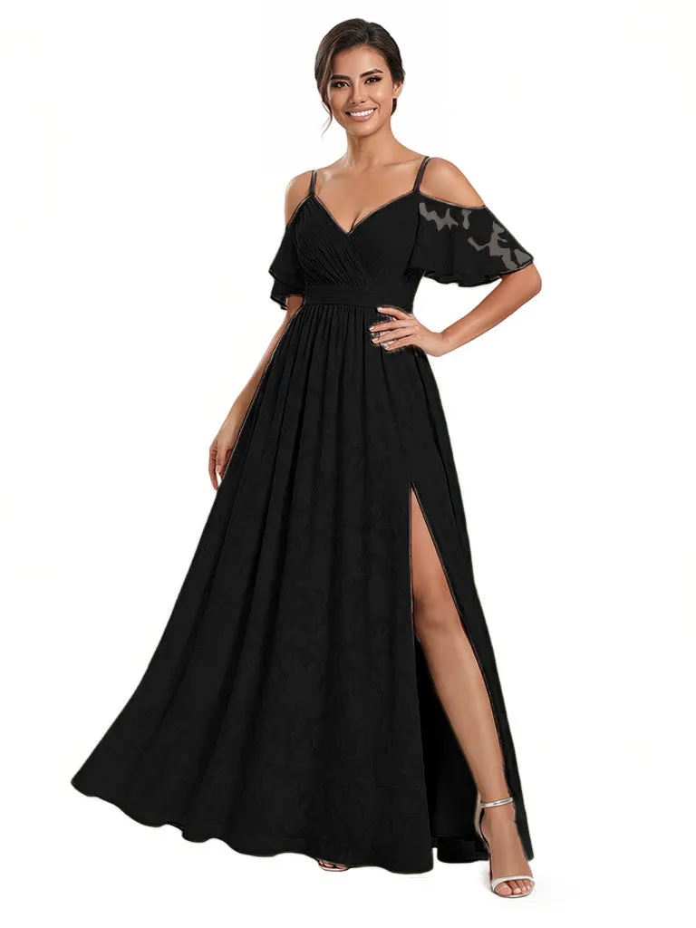 Elegant Cold Shoulder Side Slit Floral Burnout Chiffon Ruched A-Line Long Formal Evening Dresses sold by ChicSew product image thumbnail 3