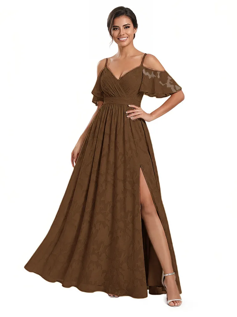 Elegant Cold Shoulder Side Slit Floral Burnout Chiffon Ruched A-Line Long Formal Evening Dresses sold by ChicSew product image thumbnail 4