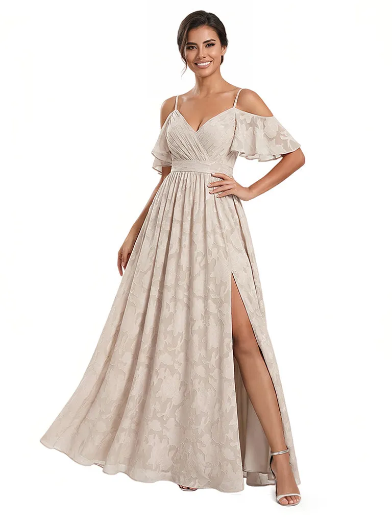 Elegant Cold Shoulder Side Slit Floral Burnout Chiffon Ruched A-Line Long Formal Evening Dresses sold by ChicSew