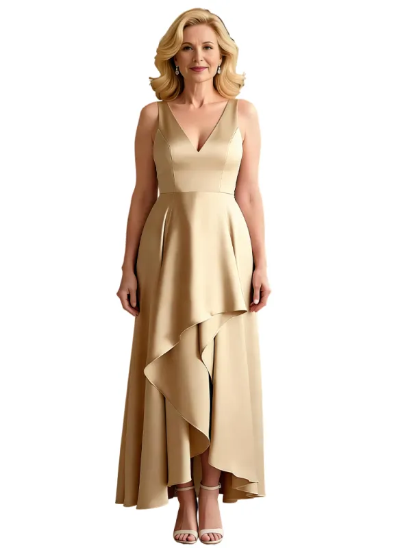 Elegant V-Neck Sleeveless Ruffles Satin A-Line Ankle-Length Mother Of The Bride Dresses sold by ChicSew