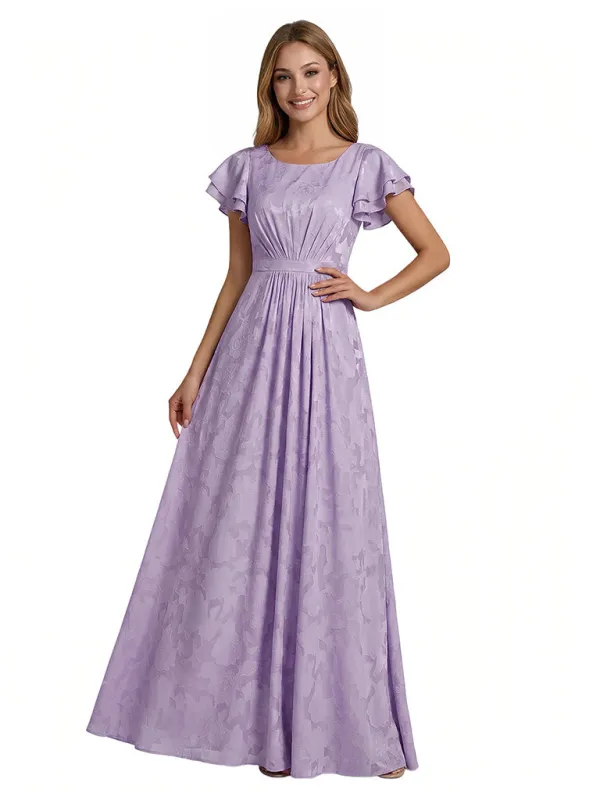 Elegant Flutter Sleeves Scoop Floral Burnout Chiffon A-Line Long Formal Evening Dresses made by ChicSew