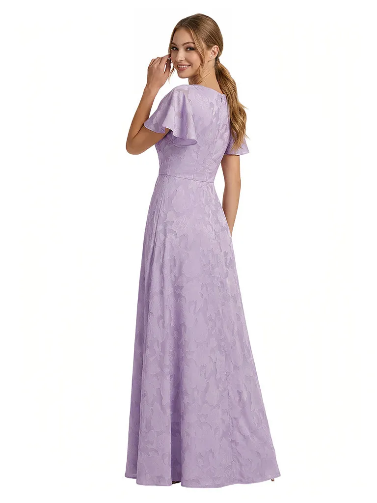Elegant Flutter Sleeves Scoop Floral Burnout Chiffon A-Line Long Formal Evening Dresses sold by ChicSew product image thumbnail 2