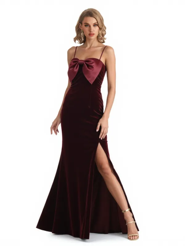 Elegant Spaghetti Straps Side Slit Mermaid Velvet Floor-Length Formal Dresses sold by ChicSew