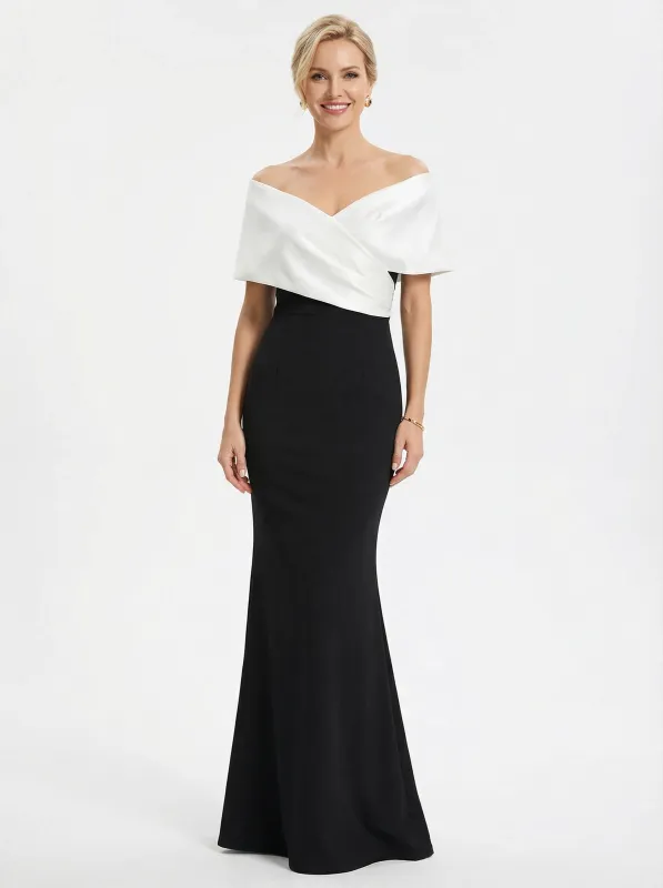 Elegant Black And White Satin Off Shoulder V-Neck Mermaid Long Mother Of The Bride Dresses sold by ChicSew