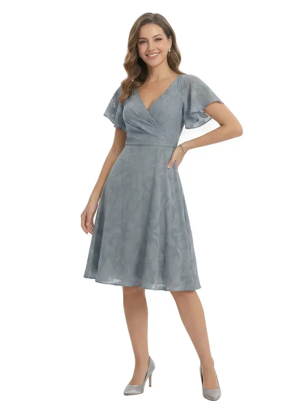 Elegant Flutter Sleeves V-Neck Floral Burnout Chiffon Knee-Length A-Line Formal Evening Dresses sold by ChicSew