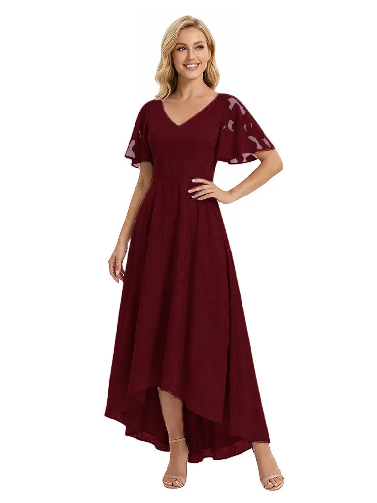 Elegant V-Neck Flutter Sleeves Floral Burnout Chiffon A-Line Formal Evening Dresses sold by ChicSew product image thumbnail 5