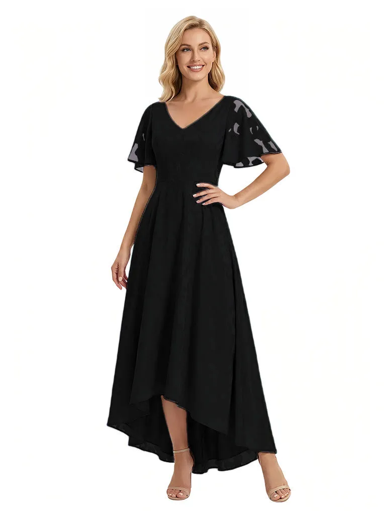 Elegant V-Neck Flutter Sleeves Floral Burnout Chiffon A-Line Formal Evening Dresses sold by ChicSew product image thumbnail 3