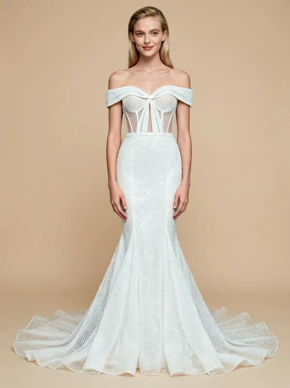 Mermaid Off Shoulder Sleeveless Maxi Long Sequin Tulle Wedding Dresses Online sold by ChicSew