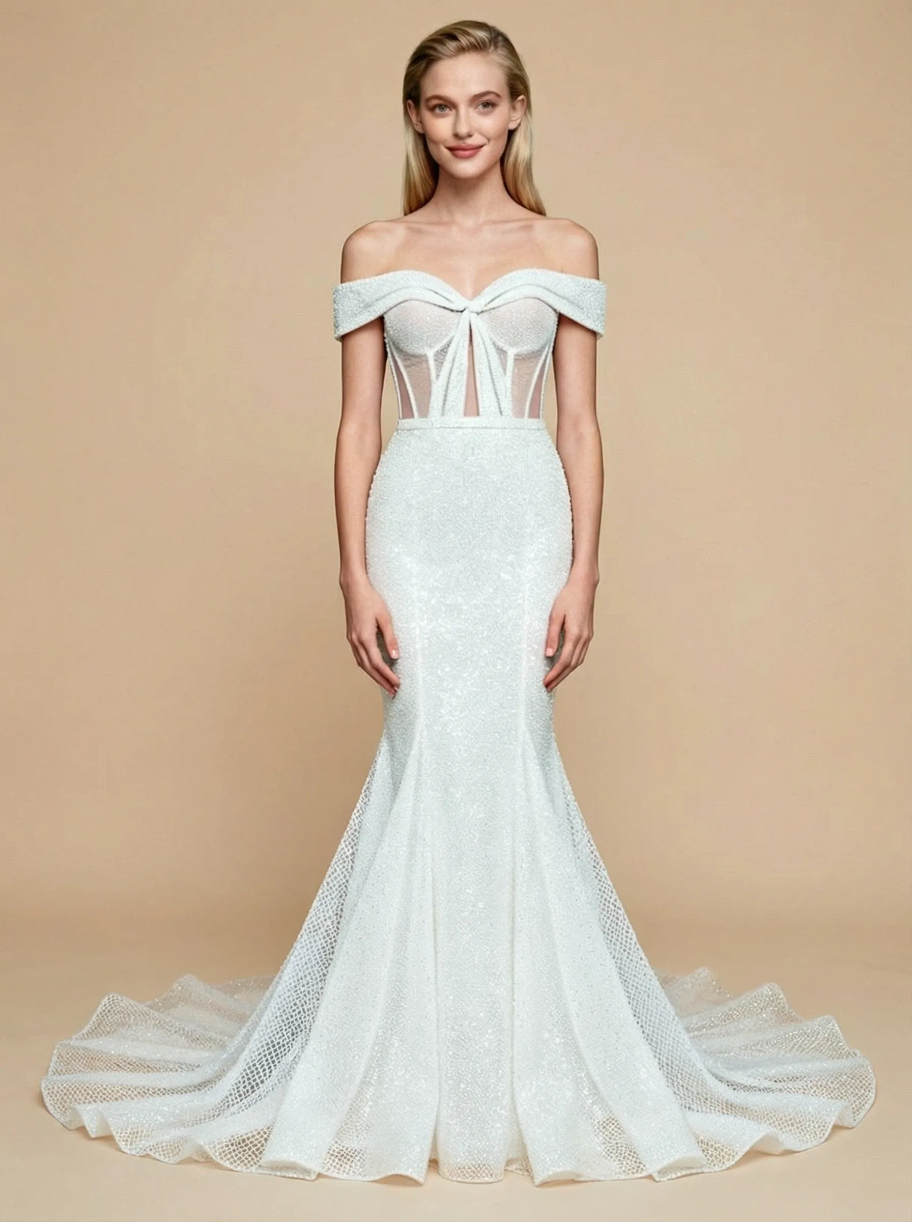 Mermaid Off Shoulder Sleeveless Maxi Long Sequin Tulle Wedding Dresses Online sold by ChicSew