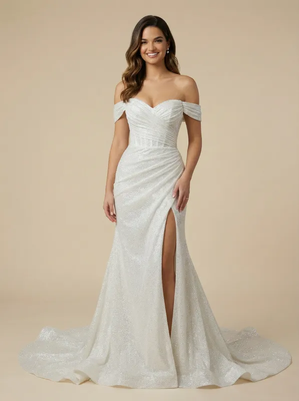 Mermaid Off Shoulder Boning Maxi Long Sequin Wedding Gowns sold by ChicSew