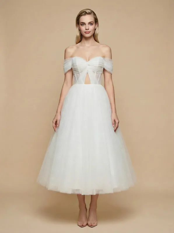 A-line Off The Shoulder Boning Midi Sequin Short Wedding Dresses Online sold by ChicSew
