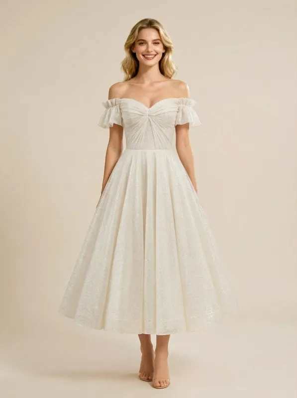 A-line Off Shoulder Sweetheart Midi Sequin Tulle Wedding Dresses Online made by ChicSew