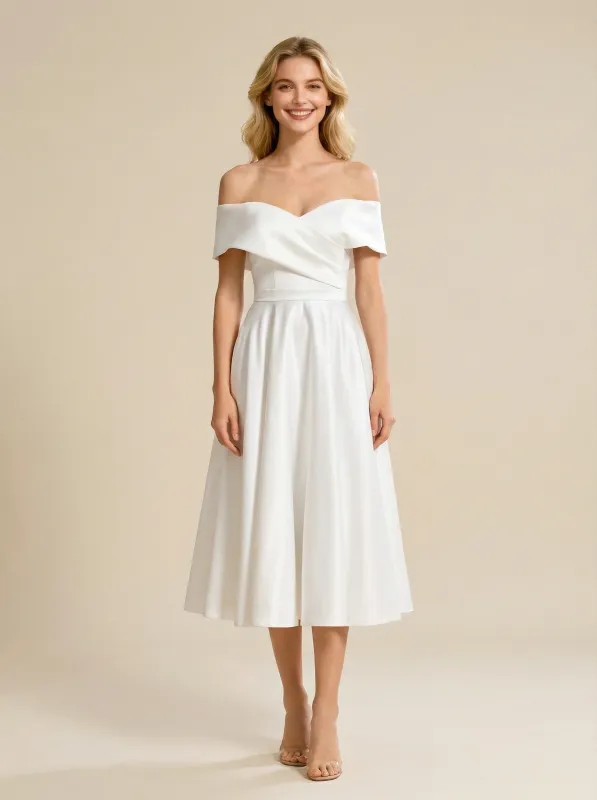 A-line Off Shoulder V-neck Short Midi Satin Wedding Dresses Online sold by ChicSew