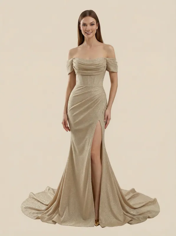 Mermaid Off Shoulder Side Slit Maxi Long Sequin Wedding Dresses Online sold by ChicSew