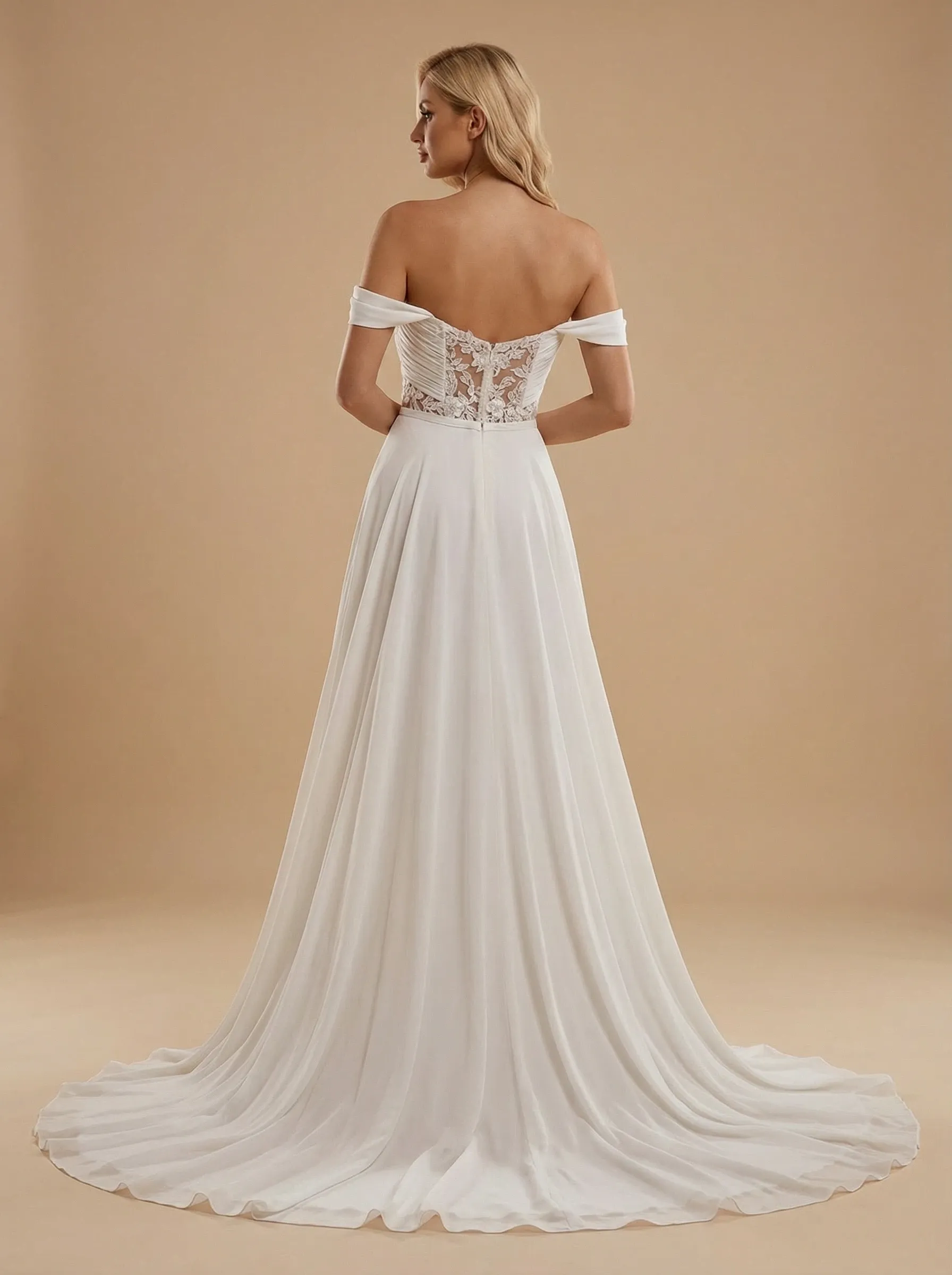 Off Shoulder Lace And Chiffon A-Line Maxi Long Bridal Wedding Dresses Online sold by ChicSew product image thumbnail 2