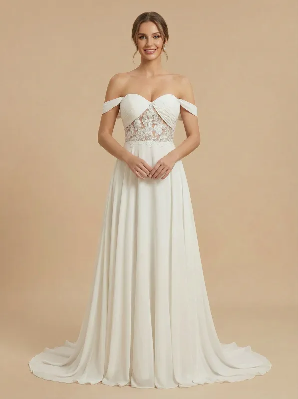 Off Shoulder Lace And Chiffon A-Line Maxi Long Bridal Wedding Dresses Online sold by ChicSew