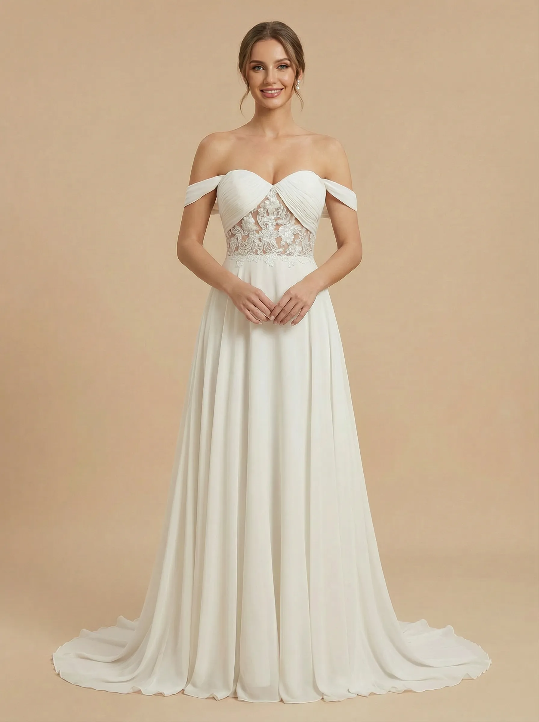 Off Shoulder Lace And Chiffon A-Line Maxi Long Bridal Wedding Dresses Online sold by ChicSew