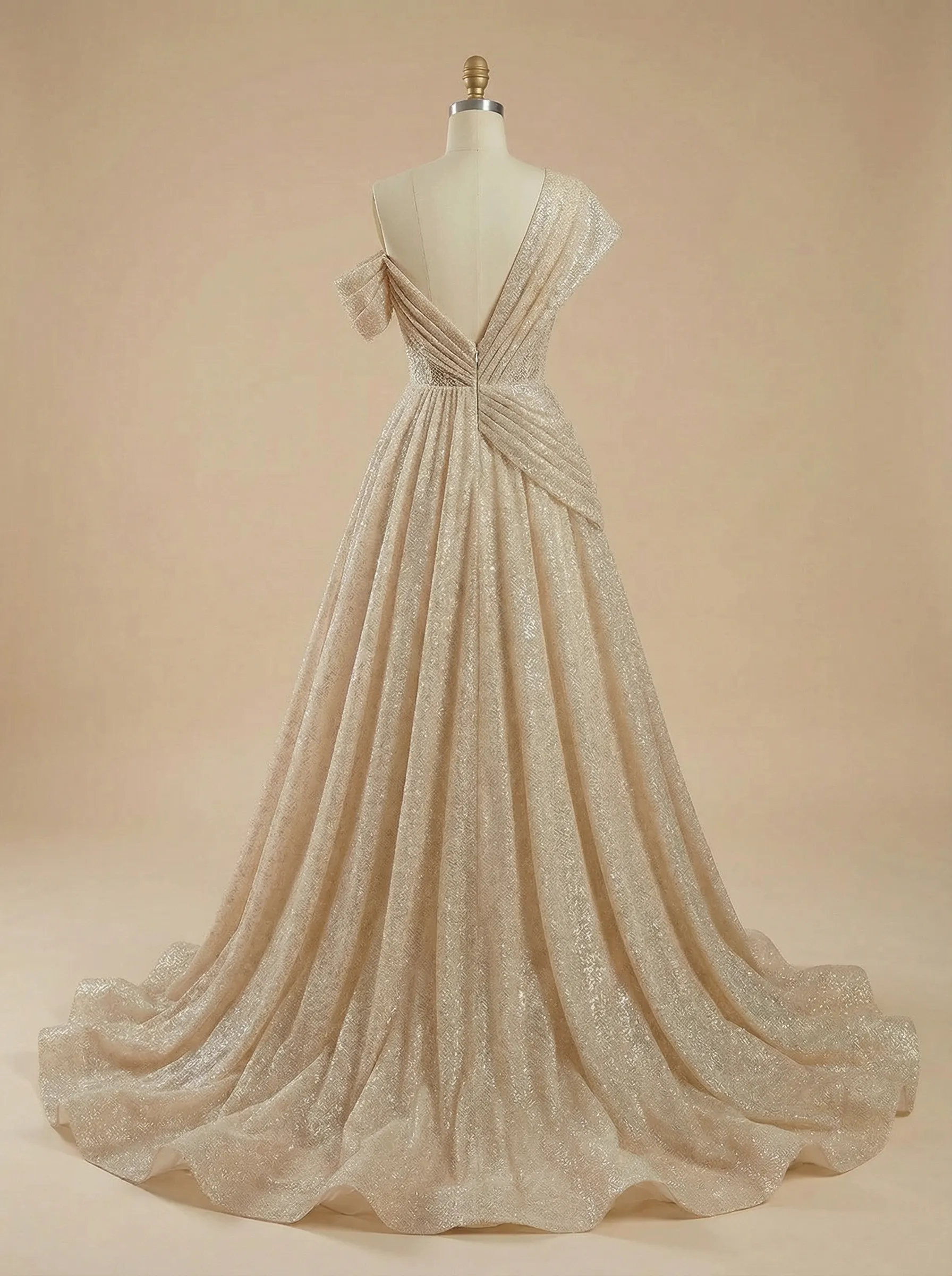 A-Line Off Shoulder Ruched Maxi Long Sequin Tulle Wedding Dresses Online sold by ChicSew product image thumbnail 3