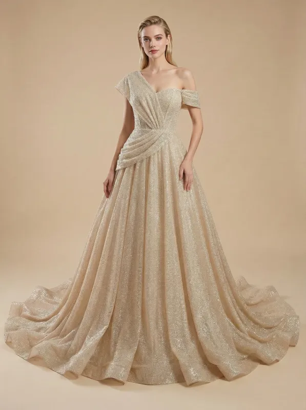 A-Line Off Shoulder Ruched Maxi Long Sequin Tulle Wedding Dresses Online sold by ChicSew