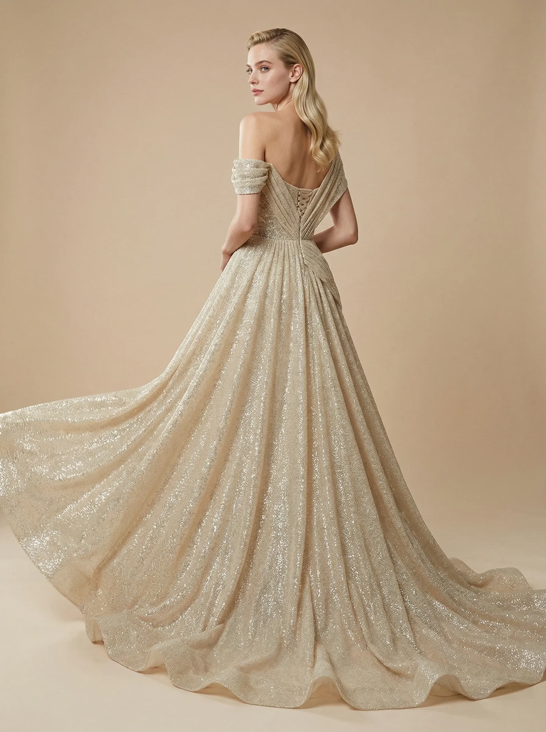 A-Line Off Shoulder Ruched Maxi Long Sequin Tulle Wedding Dresses Online sold by ChicSew product image thumbnail 2