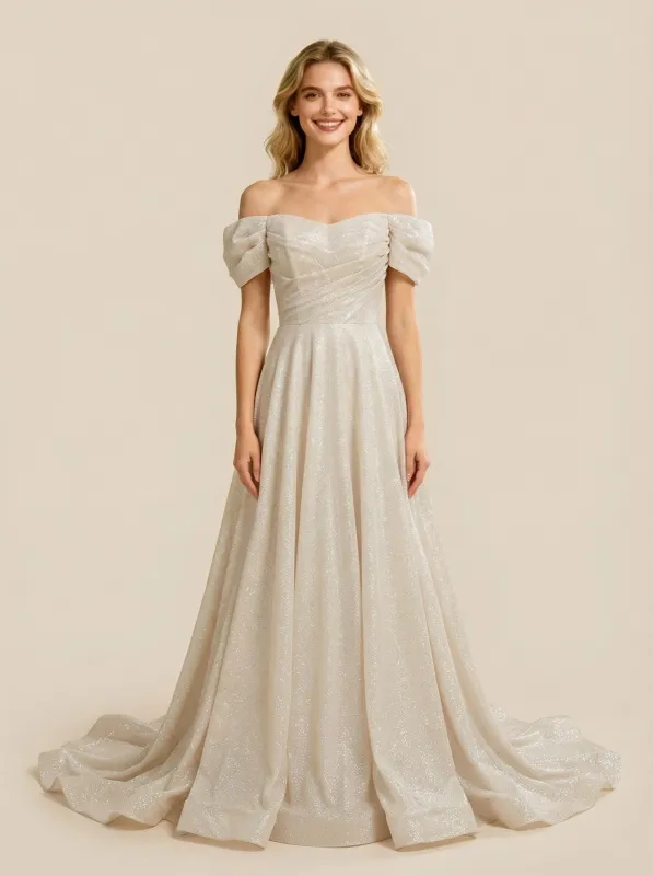 A-Line Off Shoulder Ruched Maxi Long Sequin Tulle Wedding Dresses Online sold by ChicSew