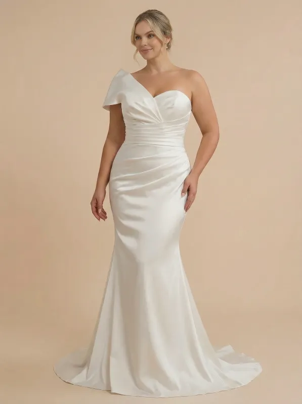 One Shoulder Satin Mermaid Ruched Maxi Long Bridal Gowns Online sold by ChicSew
