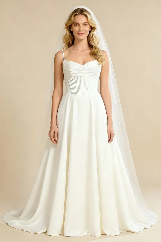 A-Line Jewel Spaghetti Straps Maxi Long Satin Wedding Dresses Online sold by ChicSew