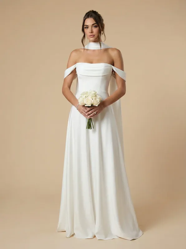 A-Line Off Shoulder Simple Maxi Long Satin Wedding Dresses Online sold by ChicSew