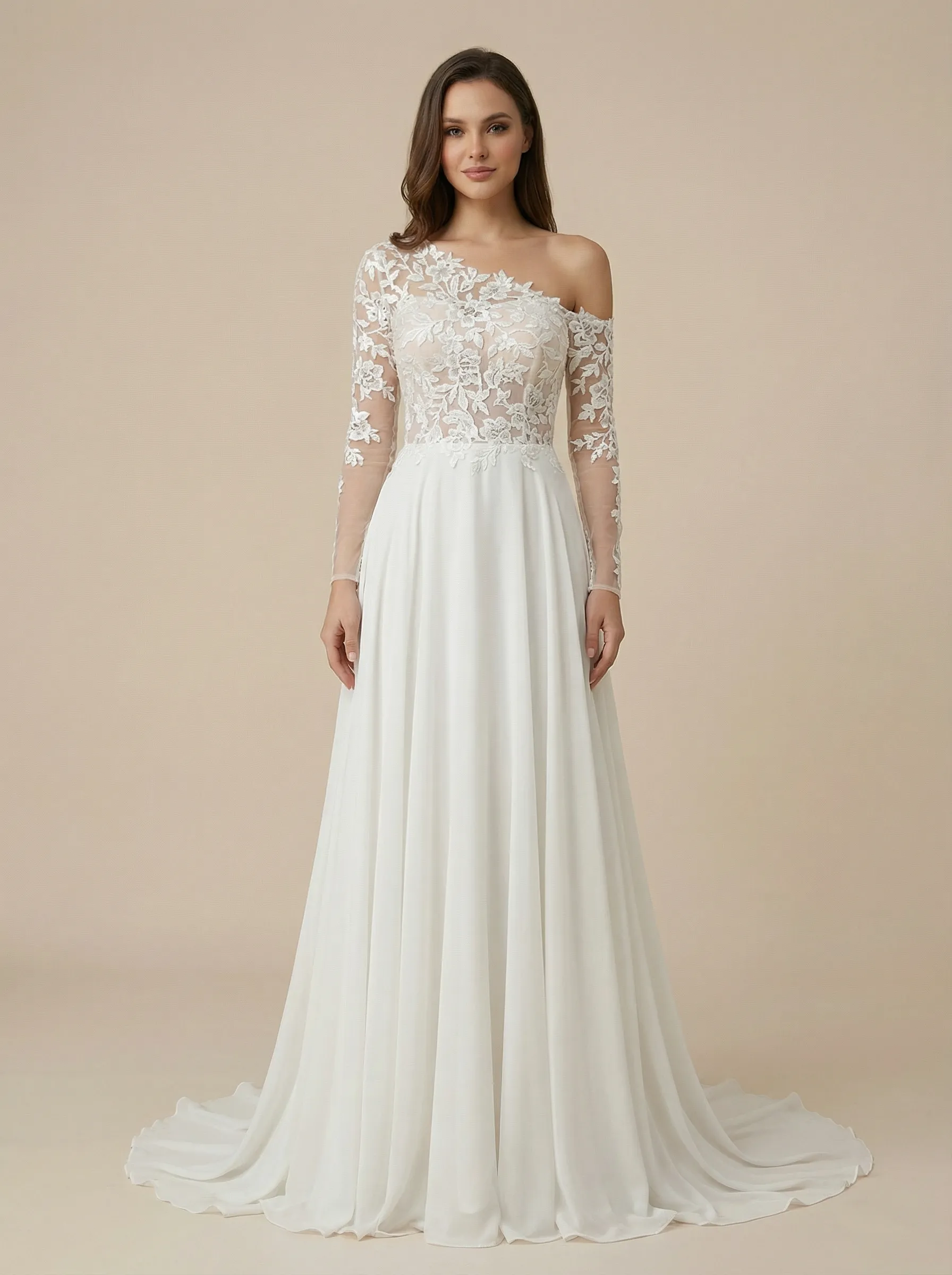 A-Line Long Sleeves Lace And Chiffon Maxi Long Bridal Gowns Online sold by ChicSew