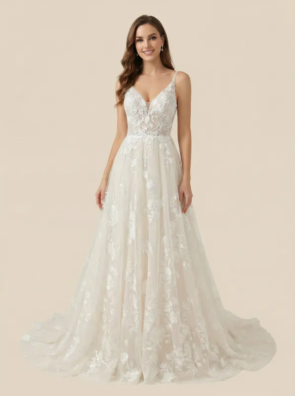 A-Line V-neck Spaghetti Straps Maxi Long Lace Wedding Dresses Online sold by ChicSew