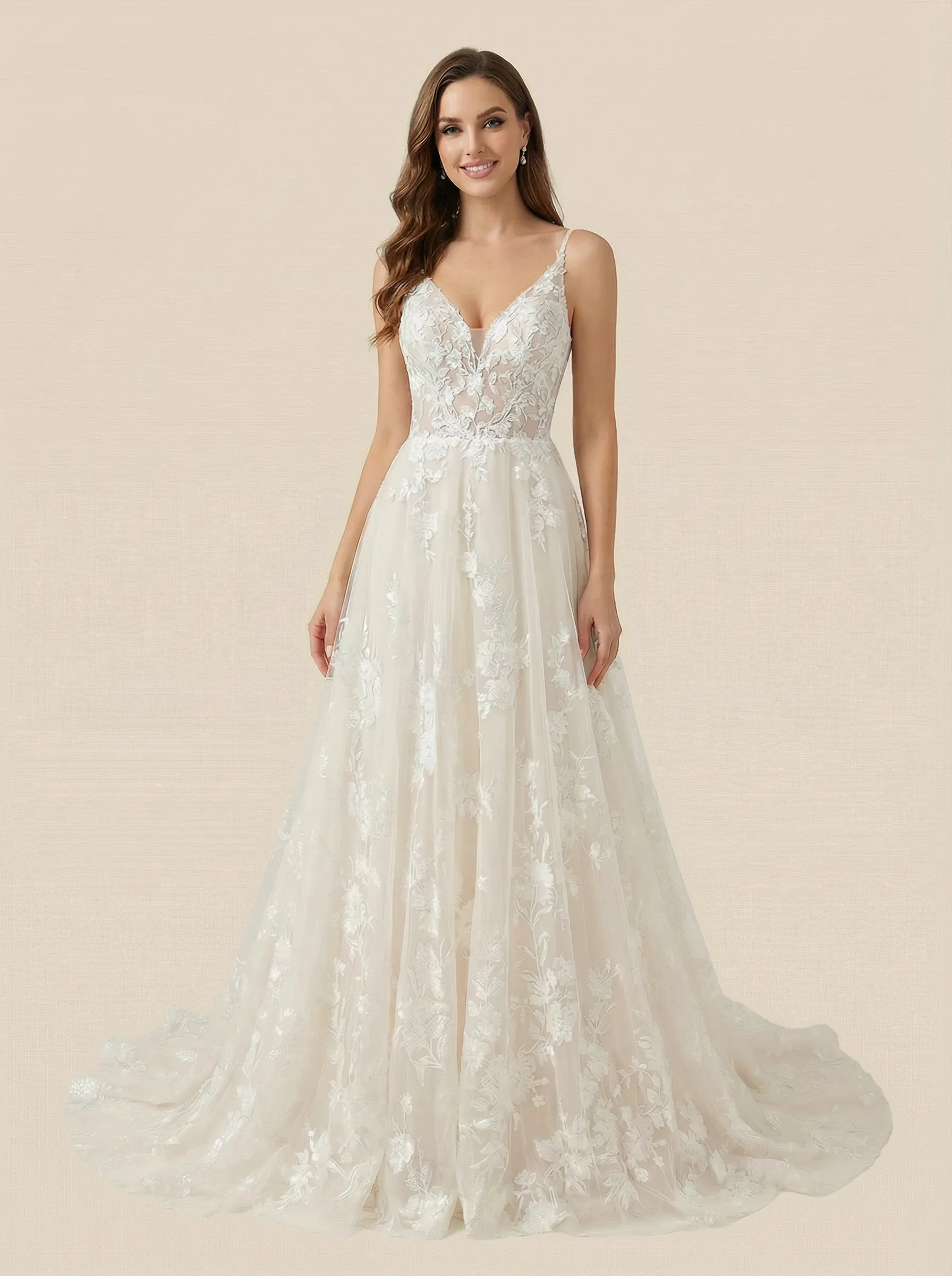 A-Line V-neck Spaghetti Straps Maxi Long Lace Wedding Dresses Online sold by ChicSew