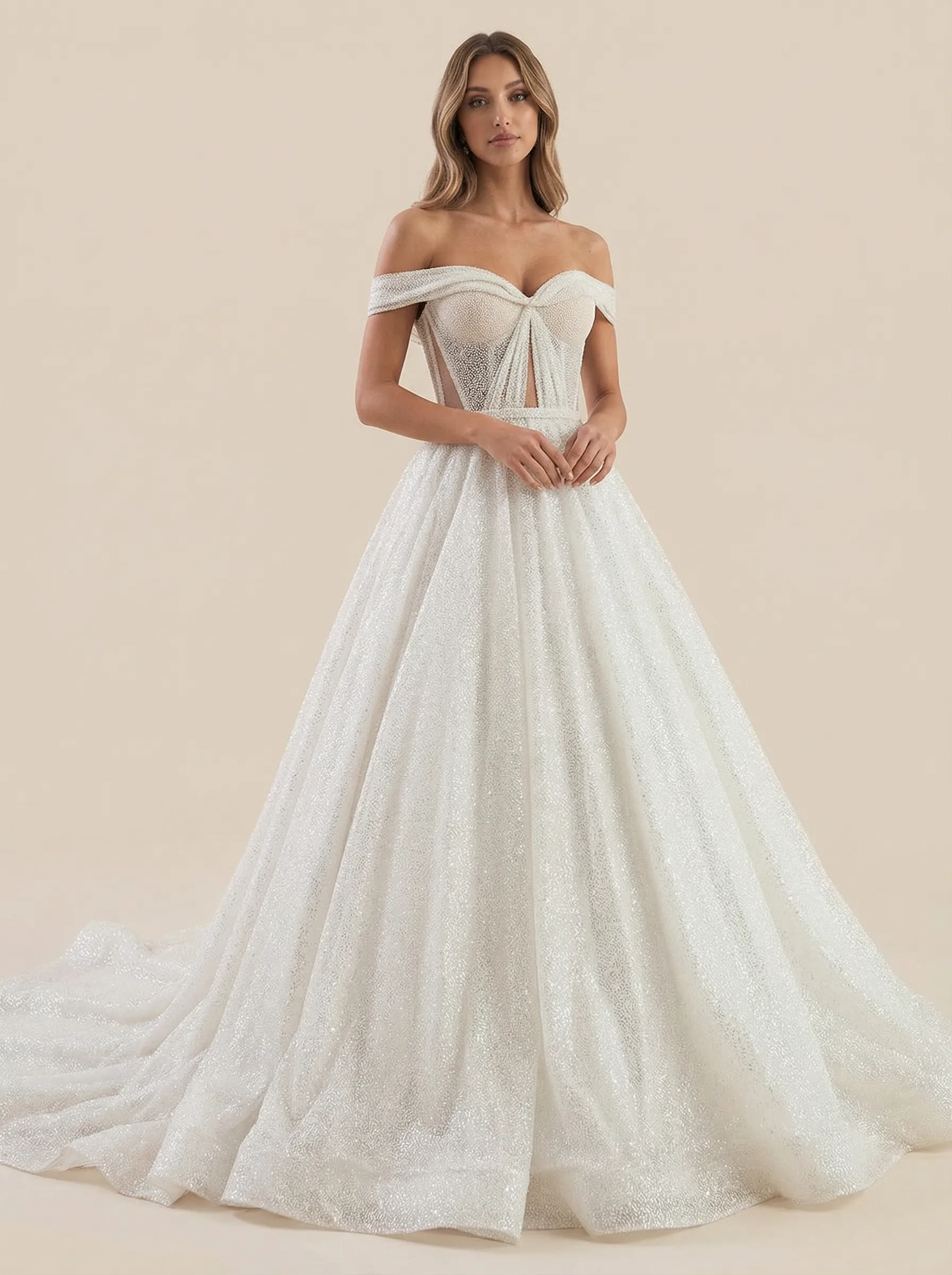 A-Line Off Shoulder Ruched Maxi Long Sequin Tulle Wedding Dresses Online sold by ChicSew