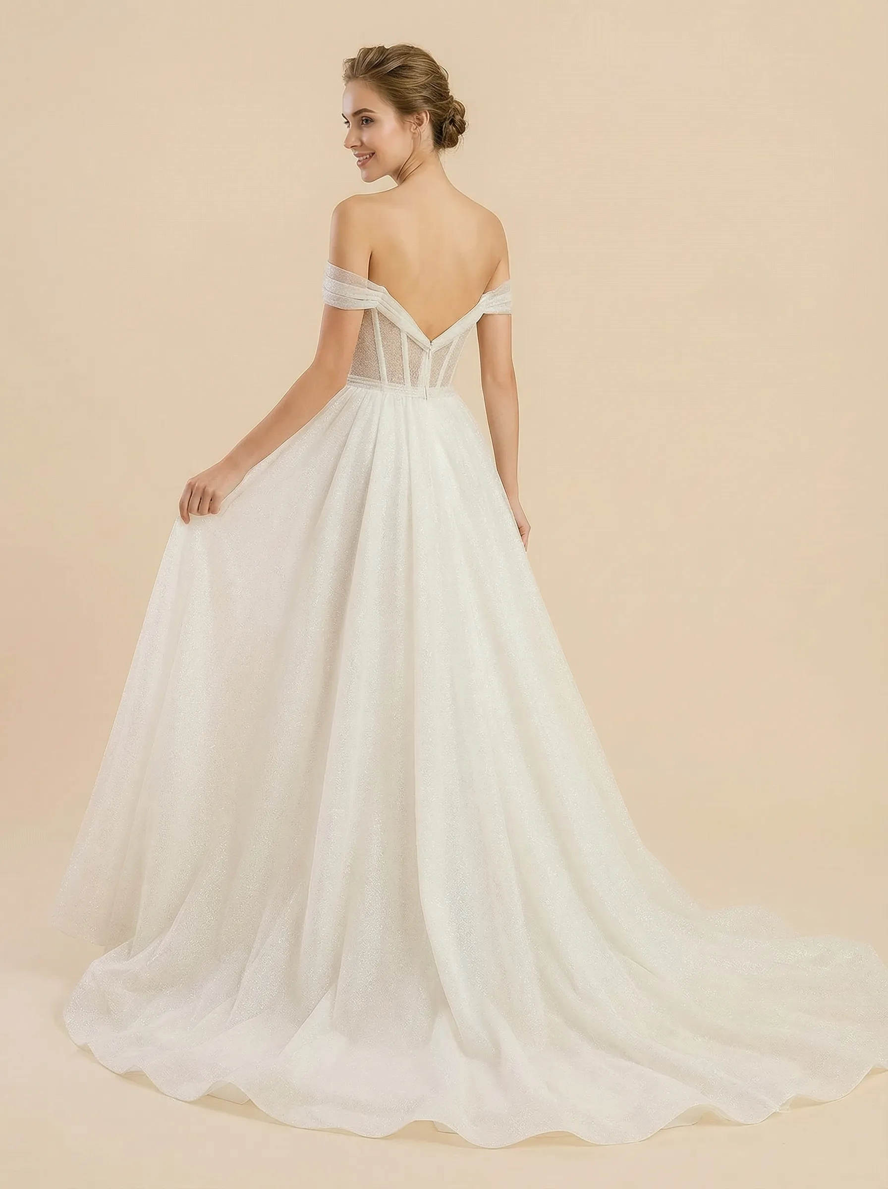 A-Line Off Shoulder Ruched Maxi Long Sequin Tulle Wedding Dresses Online sold by ChicSew product image thumbnail 2