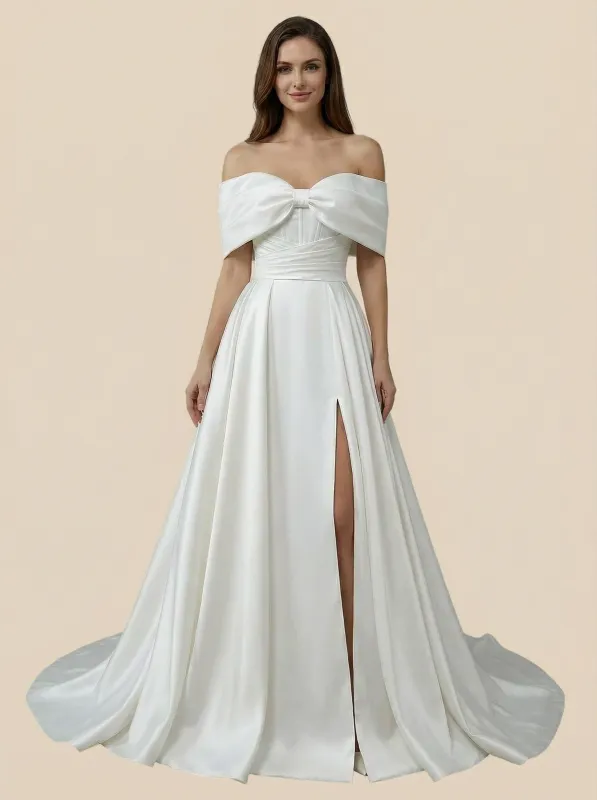 A-Line Off Shoulder Side Slit Maxi Long Satin Wedding Dresses Online sold by ChicSew