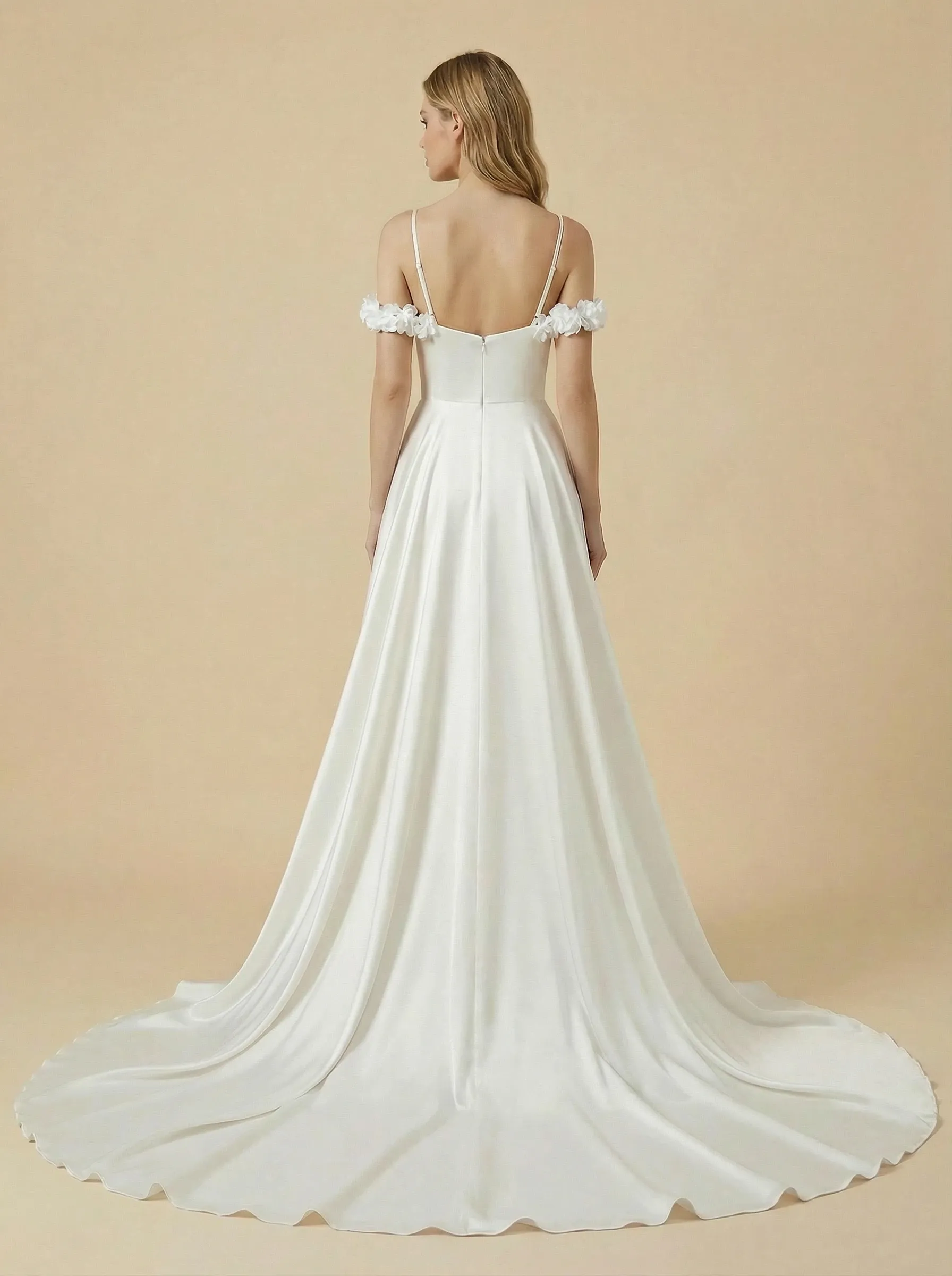 Cold Shoulder Satin Side Slit Maxi Long A-Line Bridal Wedding Gowns Online sold by ChicSew product image thumbnail 2