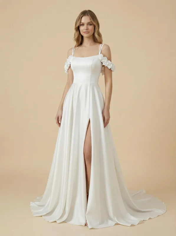 Cold Shoulder Satin Side Slit Maxi Long A-Line Bridal Wedding Gowns Online sold by ChicSew