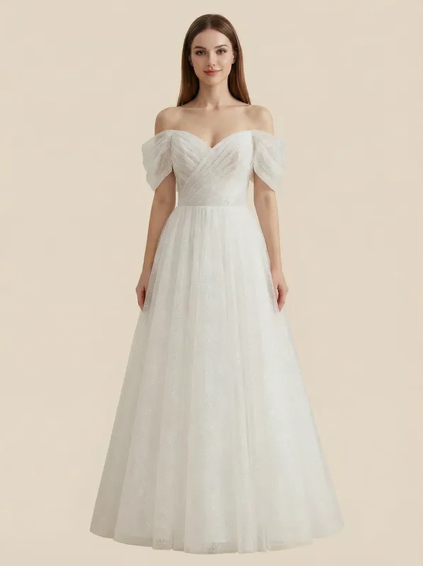 A-Line V-neck Off Shoulder Maxi Long Sequin Tulle Wedding Dresses Online sold by ChicSew