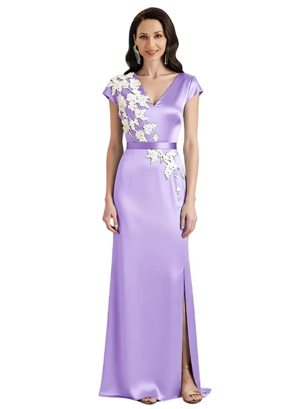 Elegant V-Neck Cap Sleeves Side Slit Satin Mermaid Floor-Length Mother Of The Bride Dresses sold by ChicSew