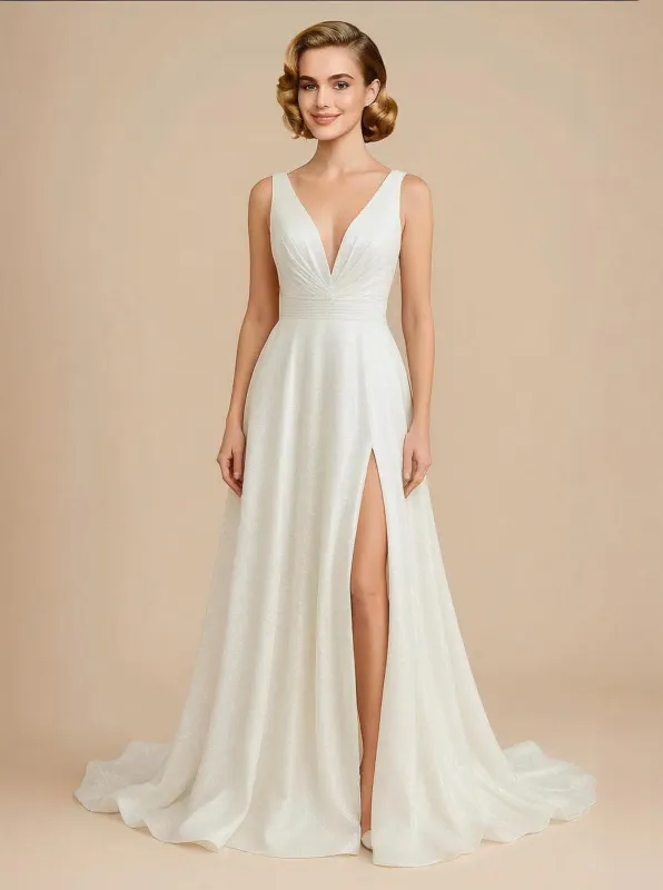 A-Line V-neck Sleeveless Side Slit Maxi Long Sequin Wedding Dresses Online sold by ChicSew