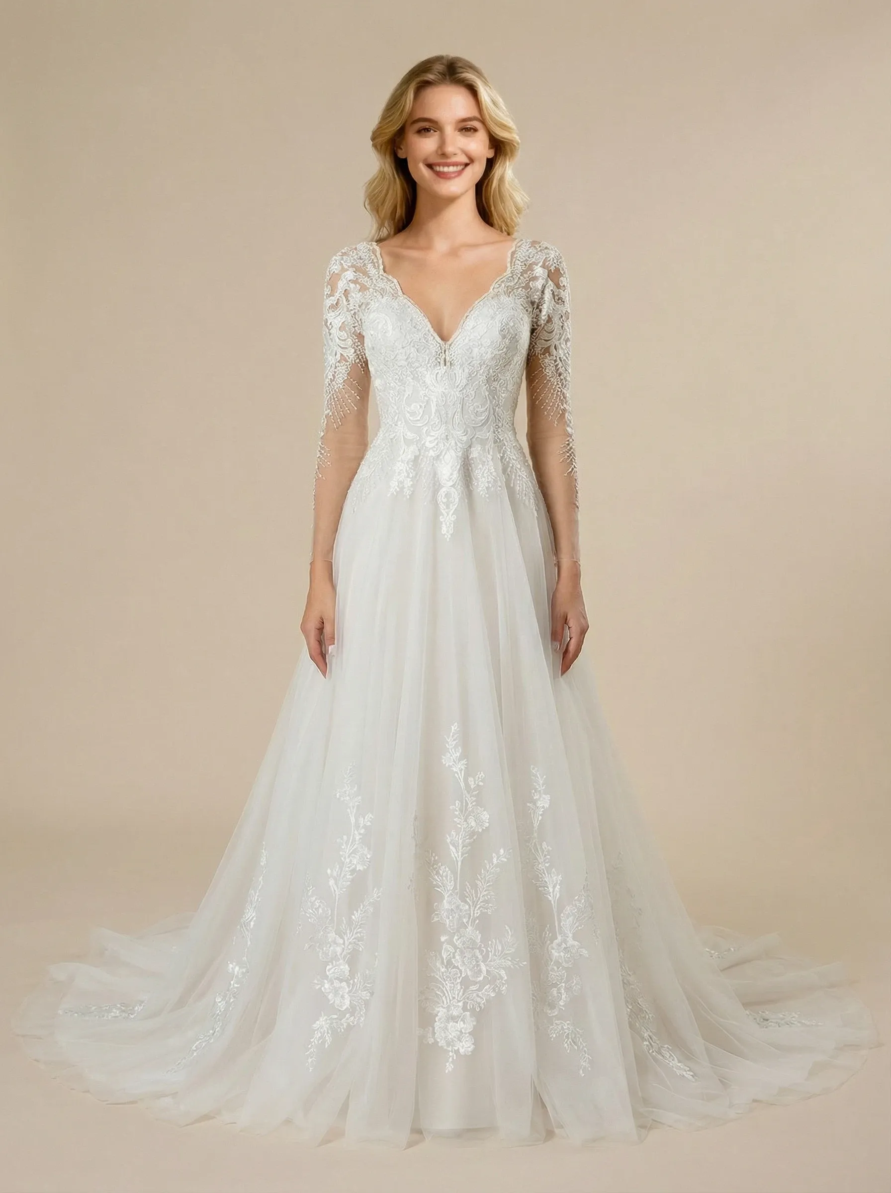 A-Line V-neck Long Sleeves Maxi Long Tulle Wedding Dresses Online sold by ChicSew