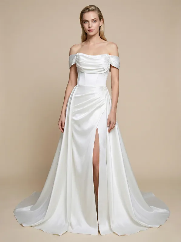 Off Shoulder Satin Side Slit Maxi Long Boning A-Line Bridal Wedding Gowns Online sold by ChicSew
