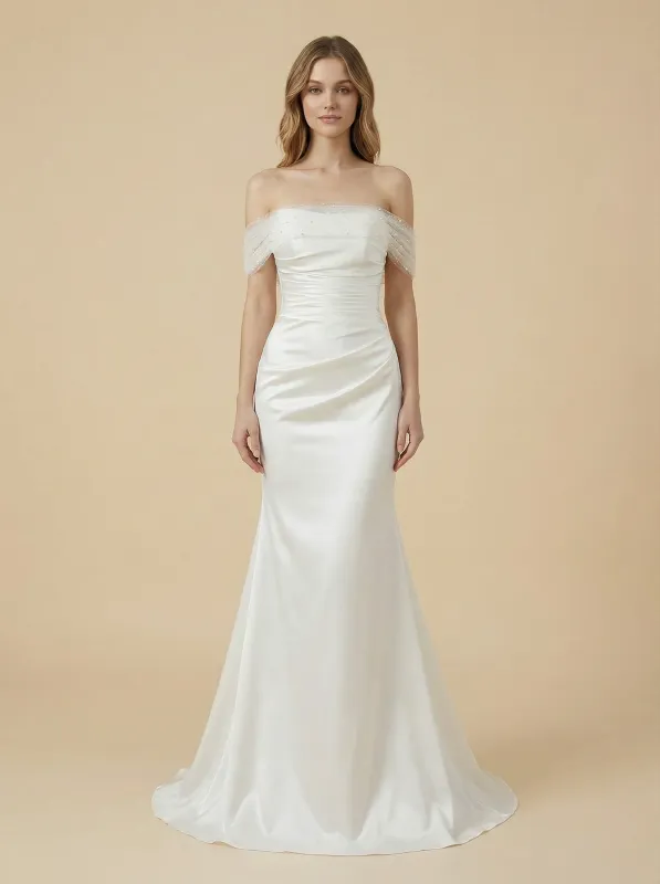 Mermaid Off Shoulder Satin Maxi Long Ruched Bridal Wedding Gowns Online sold by ChicSew