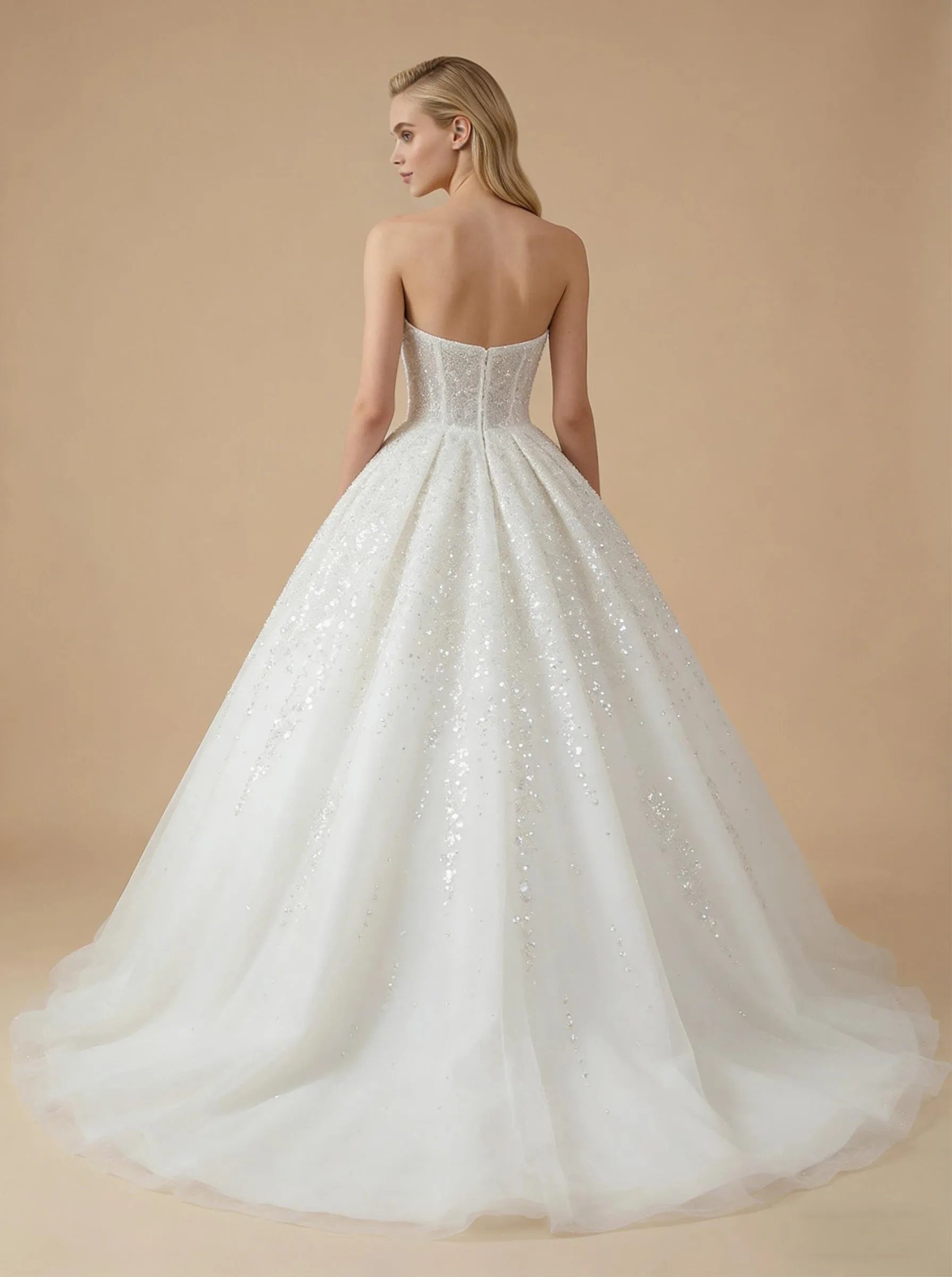 A-Line V-neck Twisted Knot Maxi Long Sequin Tulle Wedding Dresses Online sold by ChicSew product image thumbnail 2