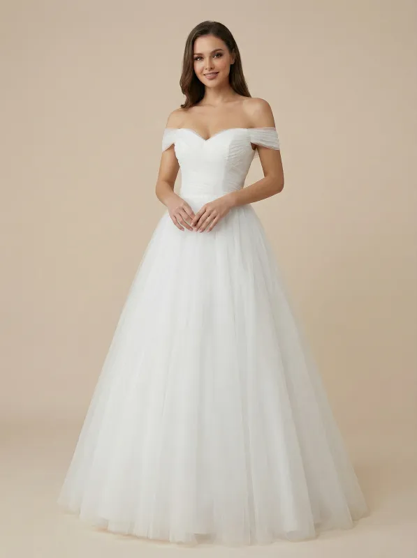 Off Shoulder A-Line Chiffon Ruched Maxi Long Bridal Gowns Online sold by ChicSew