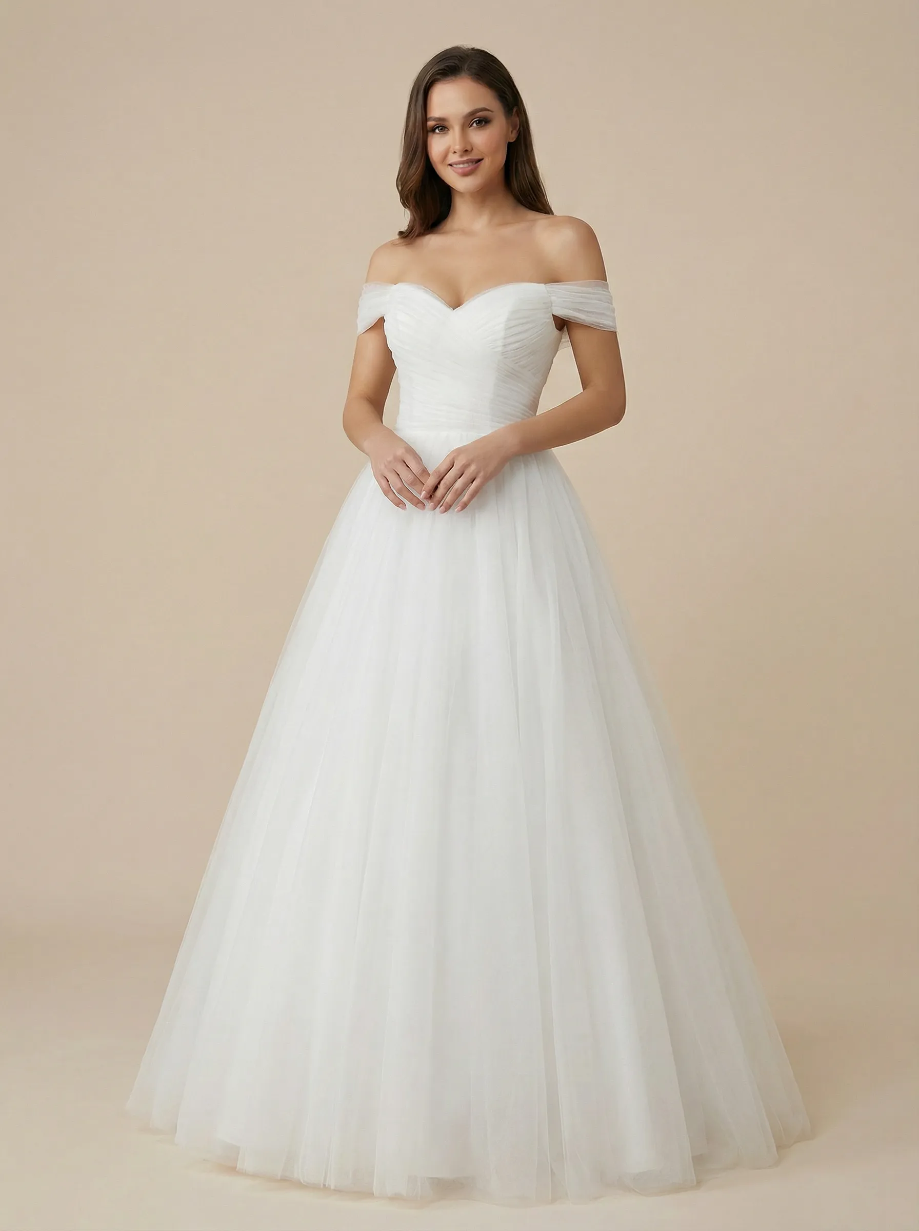 Off Shoulder A-Line Chiffon Ruched Maxi Long Bridal Gowns Online sold by ChicSew