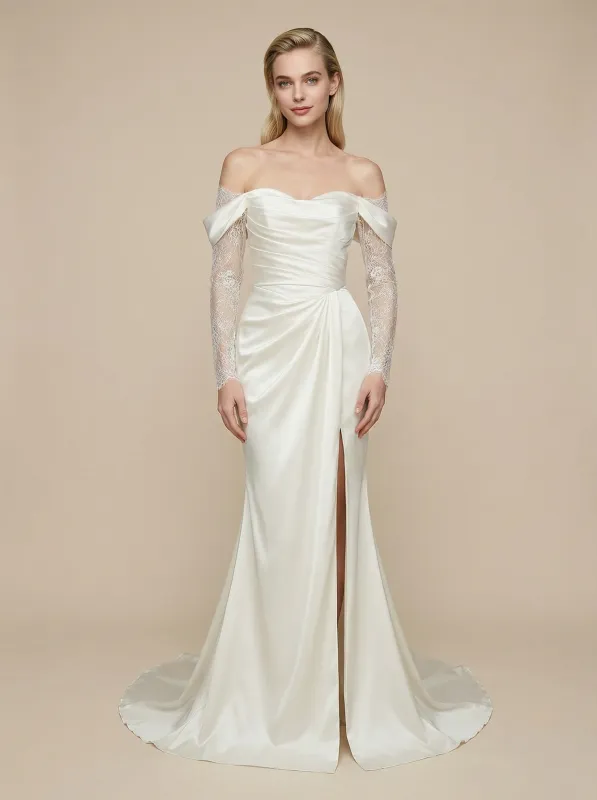 Mermaid Long Sleeves Side Slit Maxi Long Satin Wedding Dresses Online sold by ChicSew