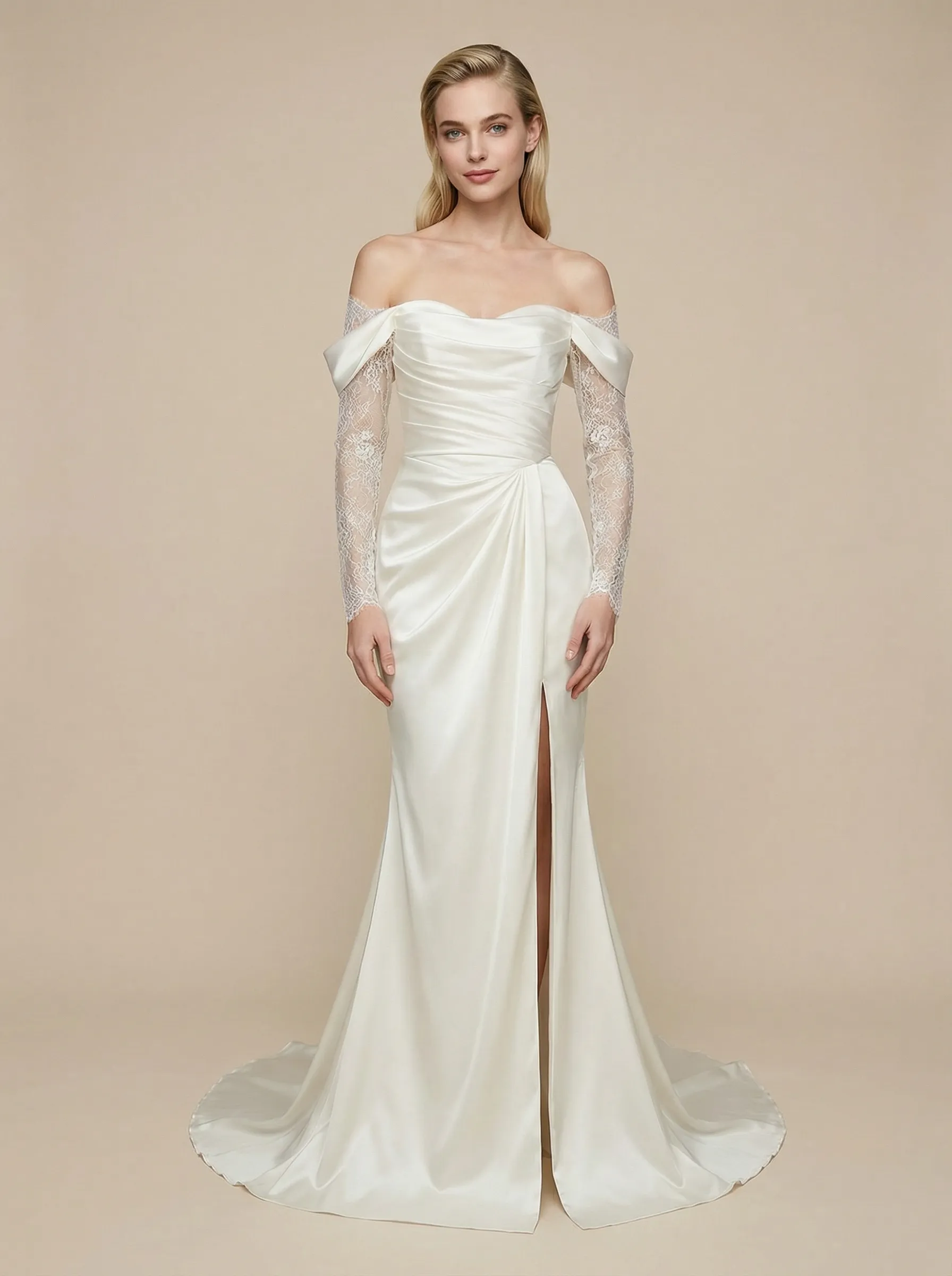 Mermaid Long Sleeves Side Slit Maxi Long Satin Wedding Dresses Online sold by ChicSew