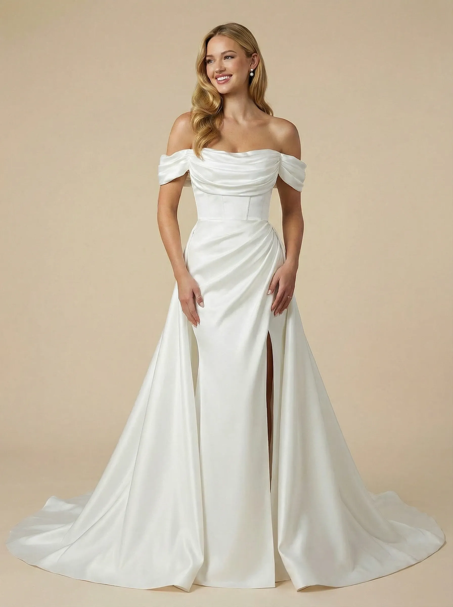 Mermaid Off Shoulder Maxi Long Satin Side Slit Wedding Dresses Online With Detachable Skirt sold by ChicSew