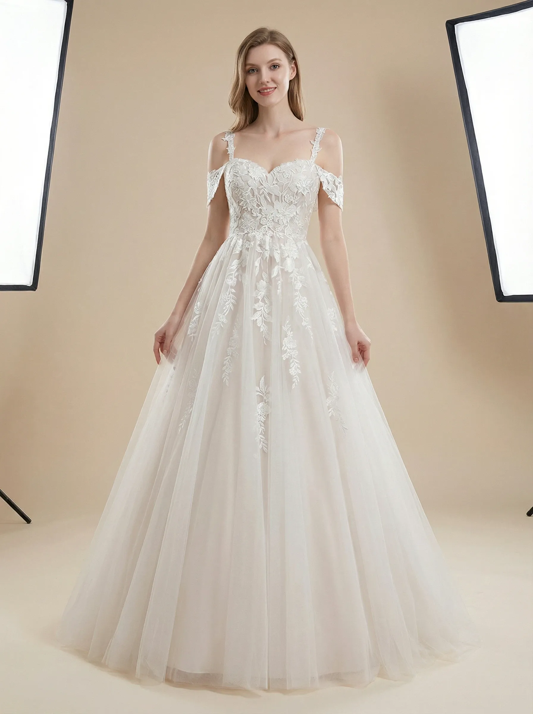 A-Line Cold Shoulder Maxi Long Lace Wedding Dresses Online sold by ChicSew