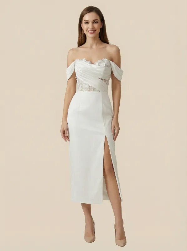 Mermaid Off Shoulder Tea-Length Lace Satin Wedding Dresses Online sold by ChicSew